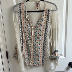 Johnny Was Cream Blouse with V-Neckline and Long Sleeves